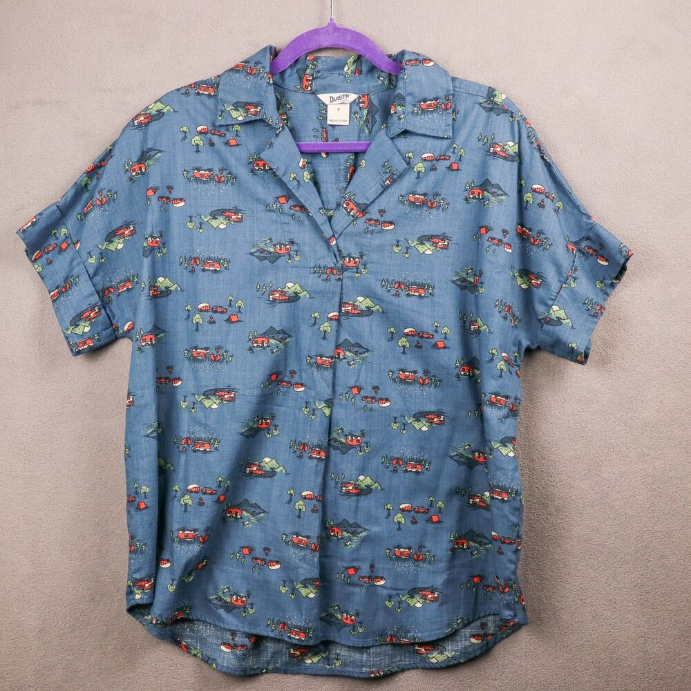 Duluth Trading Women's Printmaker Campers Organic Cotton Popover Shirt S